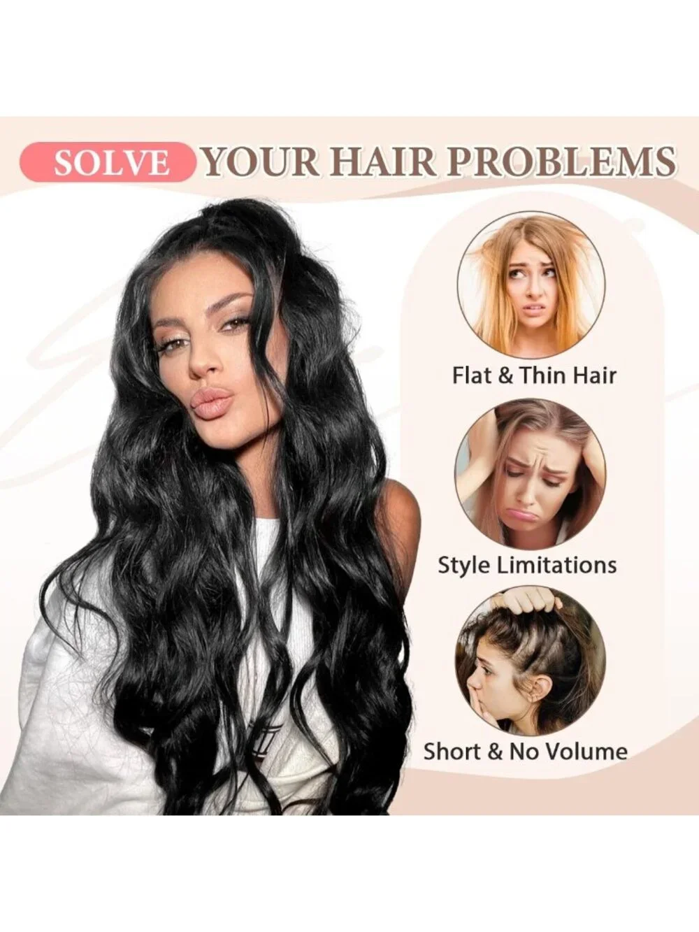 16 Inch Black Wavy Clip-In Hair Extensions - 6PCS Synthetic Hair for Volume